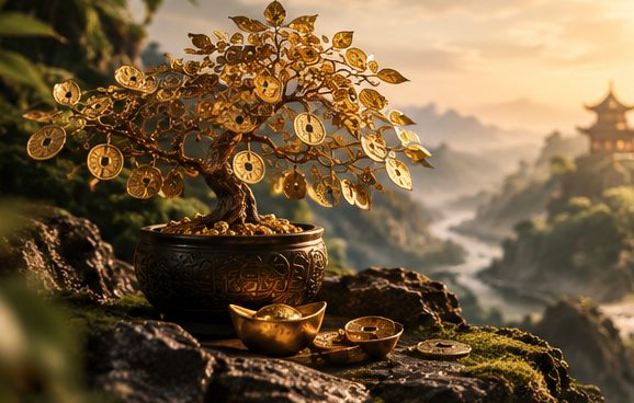 Cây tiền vàng và thỏi vàng đặt trên vách đá nhìn ra thung lũng